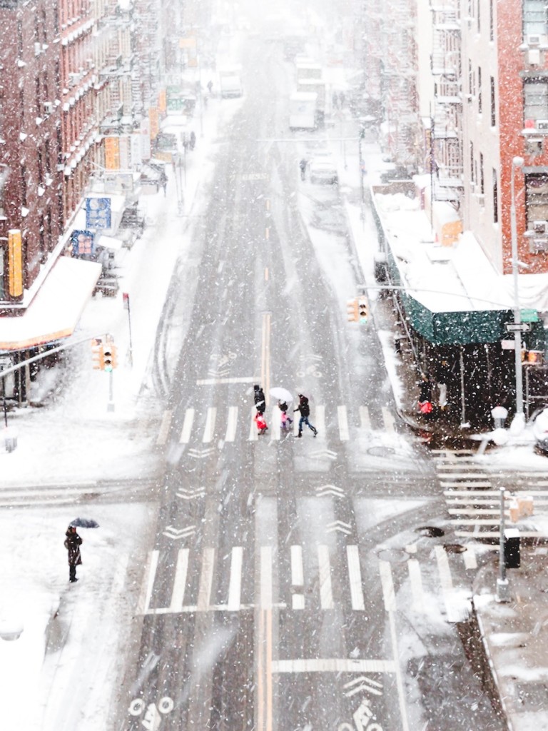 birds eye view of a blizzard in NYC's Chinatown